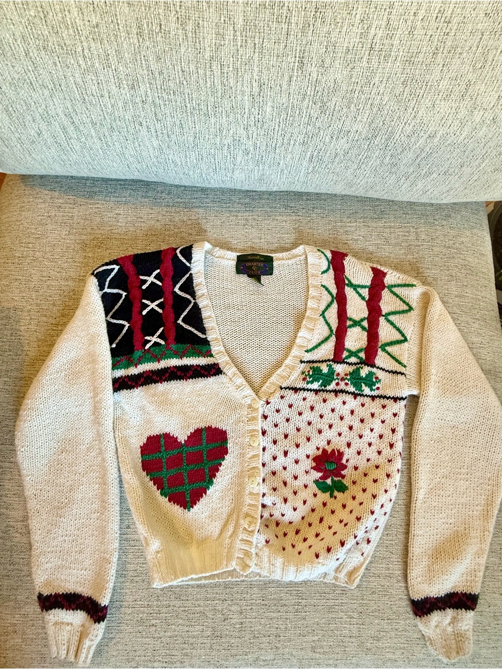 Vintage Charter Club Handknit Christmas Cardigan M Ramie Cotton Grandmacore